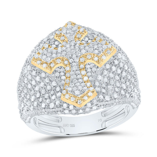 Sterling Silver With Yellow Tone 1 1/3Cttw Natural Diamond Cross Men'S Ring