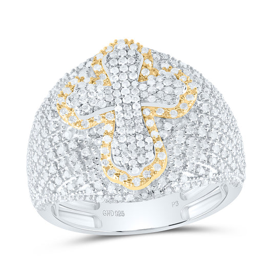 Sterling Silver White-Tone 1 1/3 Ctw Natural Diamond Cross Men's Ring, Mens Size: 8-12