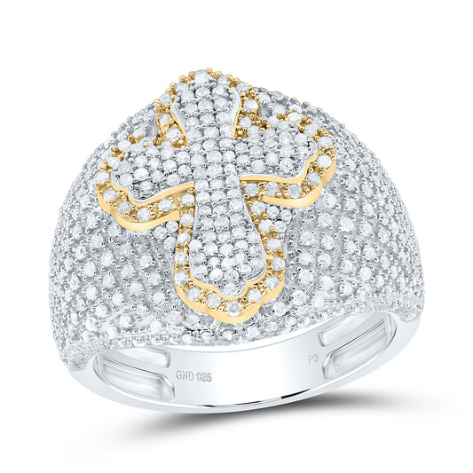 Sterling Silver White-Tone 1 3/8 Ctw Natural Diamond Cross Men's Ring, Mens Size: 8-12