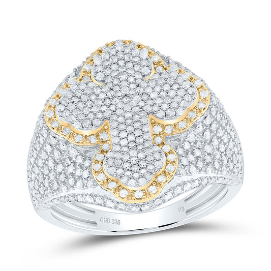 Sterling Silver White-Tone 1 1/2 Ctw Natural Diamond Cross Men's Ring, Mens Size: 8-12