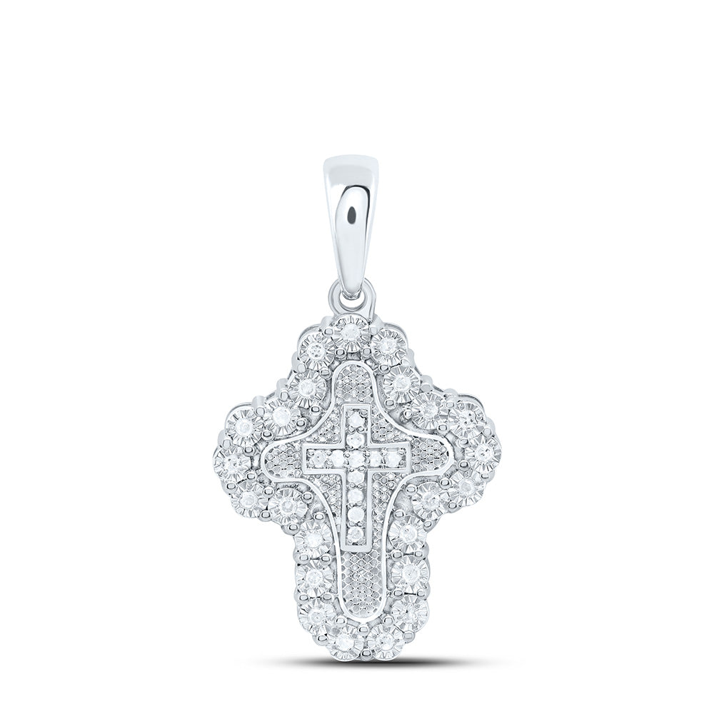 Sterling Silver White-Tone 1/8 Ctw Natural Diamond Cross Pendant