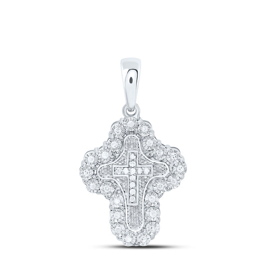 Sterling Silver White-Tone 1/8 Ctw Natural Diamond Cross Pendant