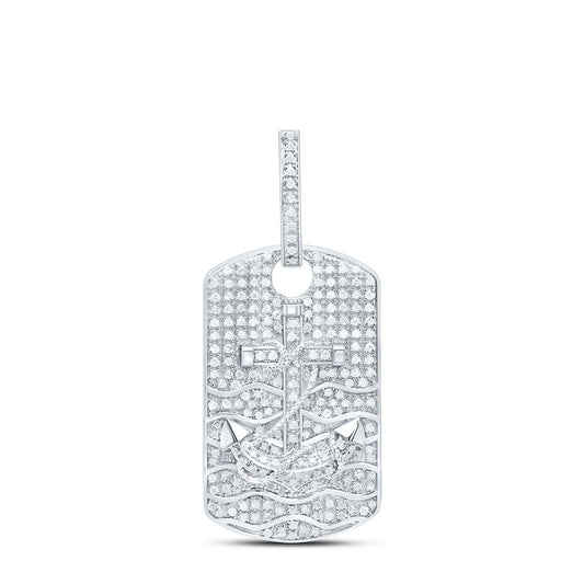 Sterling Silver White-Tone 3/4 Ctw Natural Diamond Cross Anchor Dog Tag Pendant