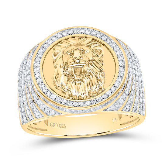 Sterling Silver Yellow-Tone 7/8 Ctw Natural Diamond Lion Face Mens Ring, Mens Size: 8-12