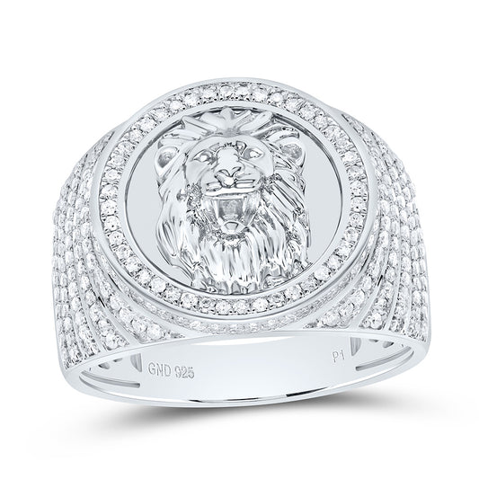 Sterling Silver 7/8Cttw Natural Diamond Gift Lion Face Mens Ring