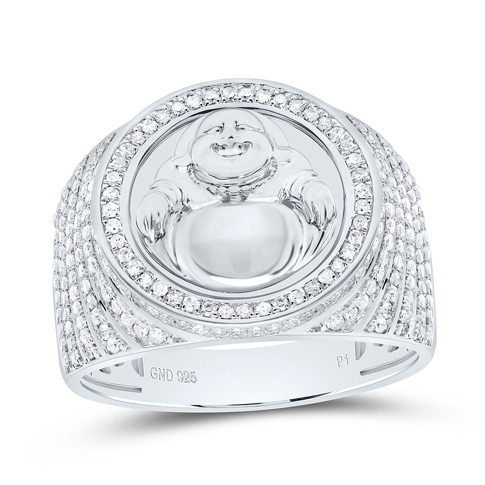 Sterling Silver 7/8Cttw Natural Diamond Gift Laughing Buddha Mens Ring