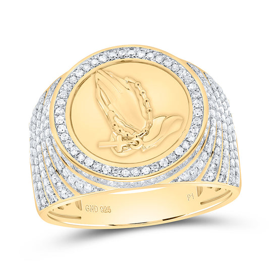 Sterling Silver Yellow-Tone or White-Tone 7/8 Ctw Natural Diamond Cross Praying Hand Mens Ring, Mens Size: 8-12