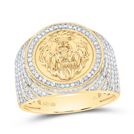 Sterling Silver Yellow-Tone 7/8 Ctw Natural Diamond Lion Face Mens Ring, Mens Size: 8-12