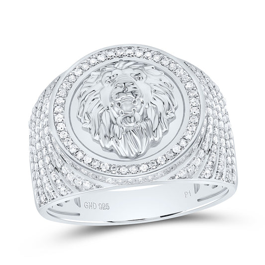 Sterling Silver White-Tone 7/8 Ctw Natural Diamond Lion Face Mens Ring, Mens Size: 8-12