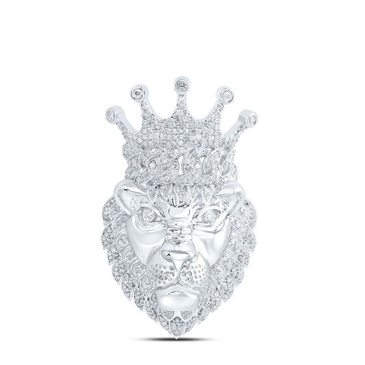 Sterling Silver White-Tone 1 7/8 Ctw Natural Diamond Crown Lion Face Mens Charm