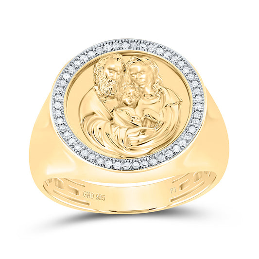 Sterling Silver Yellow-Tone or White-Tone 1/6 Ctw Natural Diamond Jesus Mary And Angle Mens Ring, Mens Size: 8-12