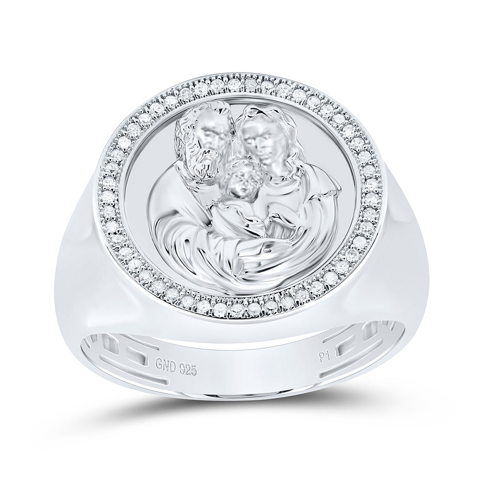 Sterling Silver Yellow-Tone or White-Tone 1/6 Ctw Natural Diamond Jesus Mary And Angle Mens Ring, Mens Size: 8-12