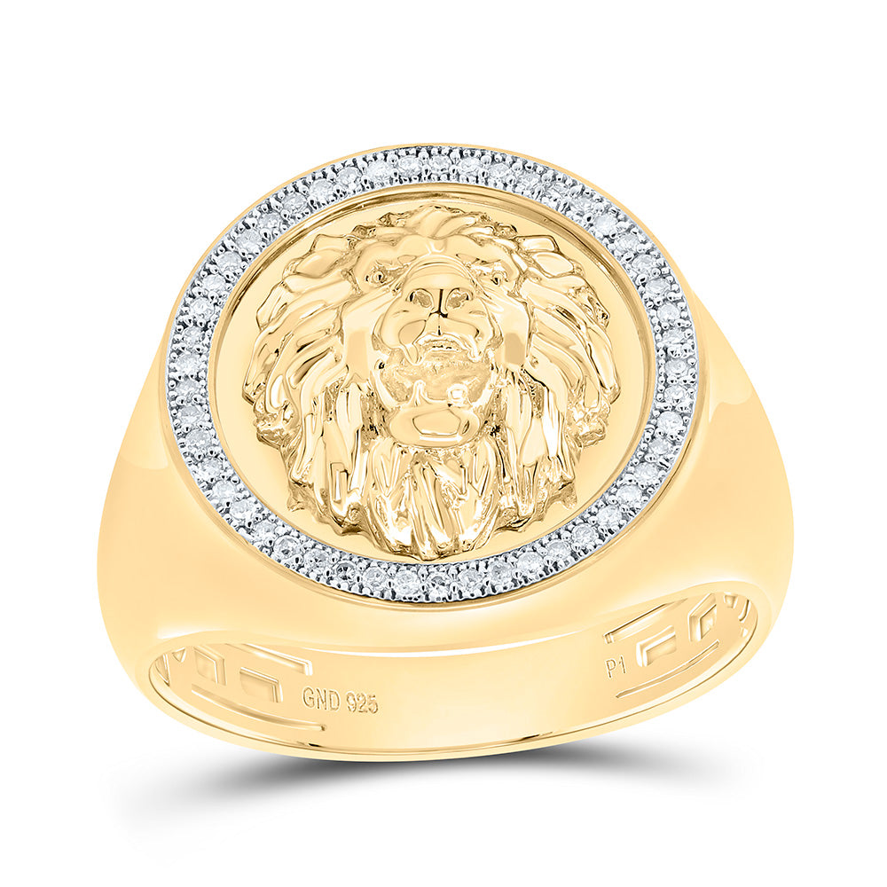 Sterling Silver Yellow-Tone or White-Tone 1/6 Ctw Natural Diamond Lion Face Mens Ring, Mens Size: 8-12