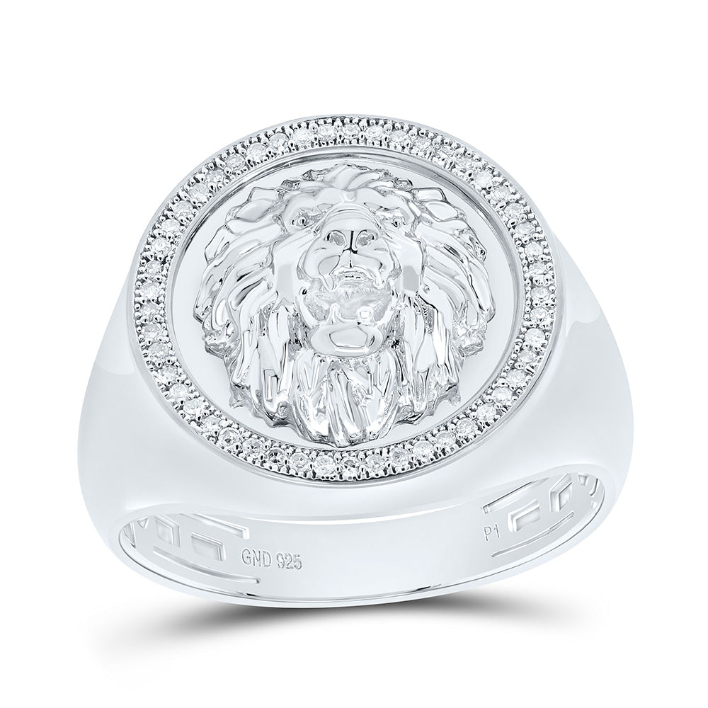 Sterling Silver Yellow-Tone or White-Tone 1/6 Ctw Natural Diamond Lion Face Mens Ring, Mens Size: 8-12