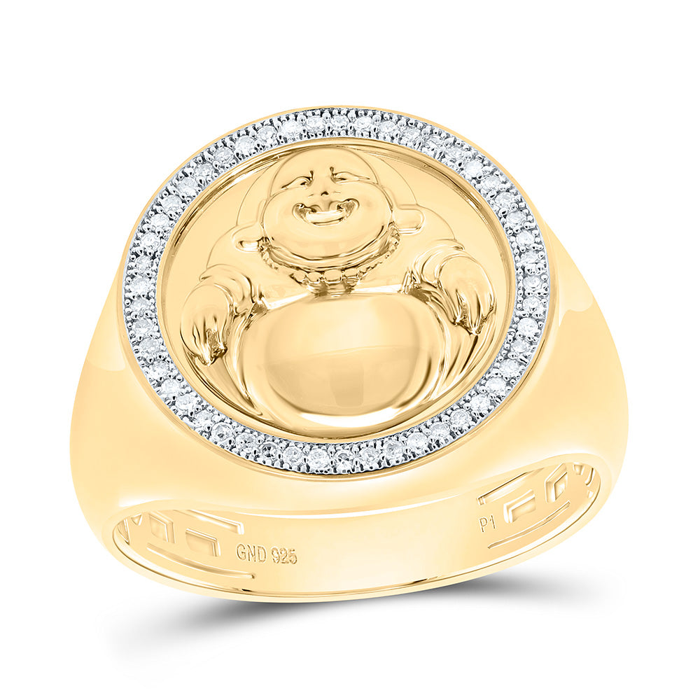 Sterling Silver Yellow-Tone or White-Tone 1/8 Ctw Natural Diamond Laughing Buddha Mens Ring, Mens Size: 8-12