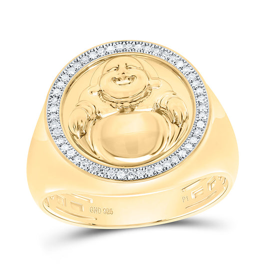 Sterling Silver Yellow-Tone or White-Tone 1/8 Ctw Natural Diamond Laughing Buddha Mens Ring, Mens Size: 8-12