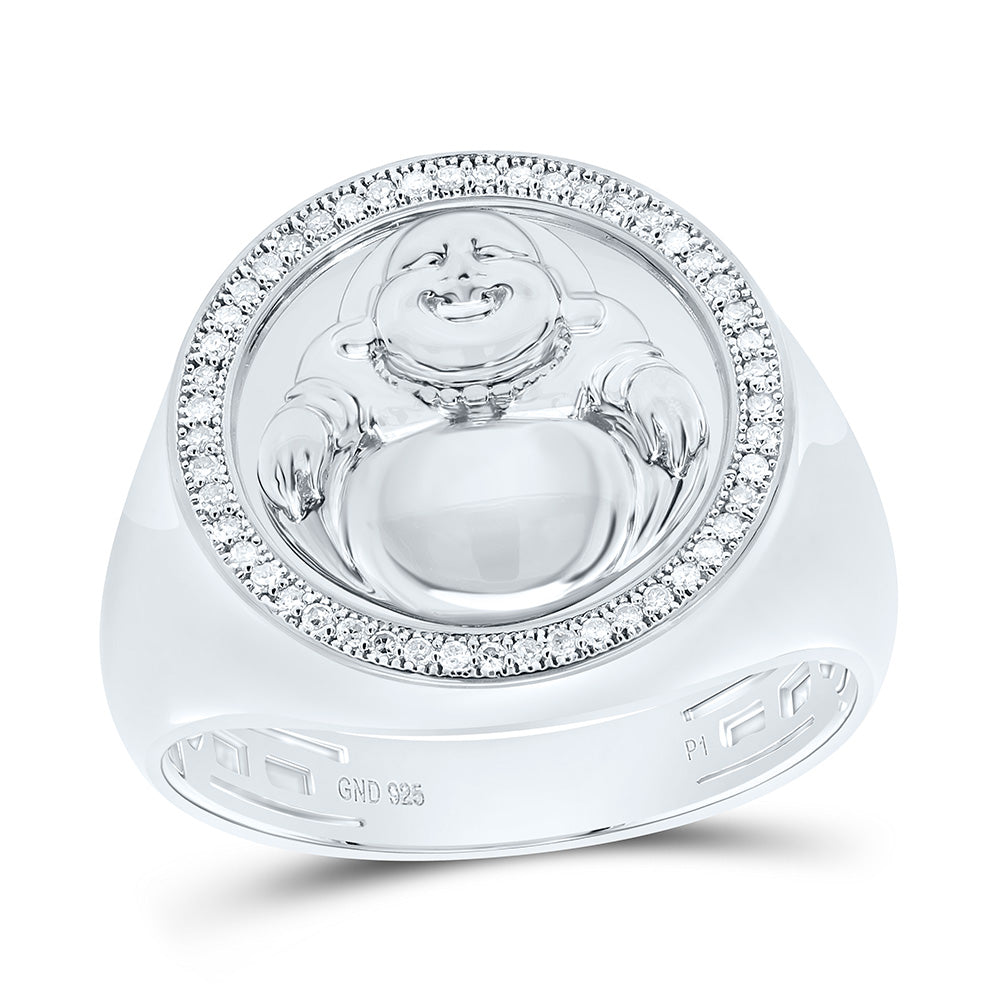 Sterling Silver Yellow-Tone or White-Tone 1/8 Ctw Natural Diamond Laughing Buddha Mens Ring, Mens Size: 8-12