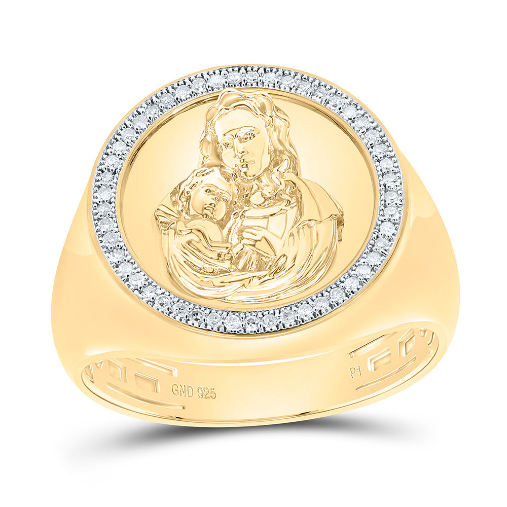 Sterling Silver Yellow-Tone or White-Tone 1/6 Ctw Natural Diamond Mother Mary Mens Ring, Mens Size: 8-12