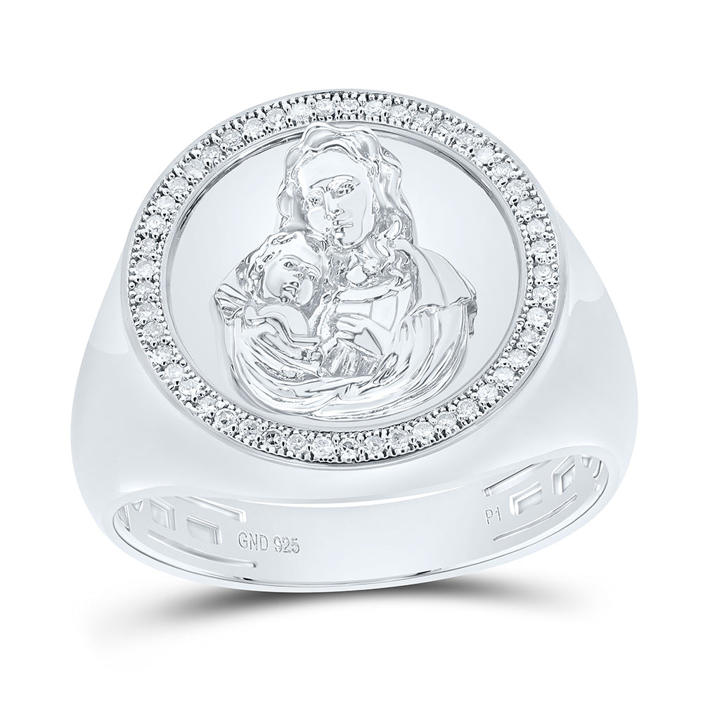 Sterling Silver Yellow-Tone or White-Tone 1/6 Ctw Natural Diamond Mother Mary Mens Ring, Mens Size: 8-12