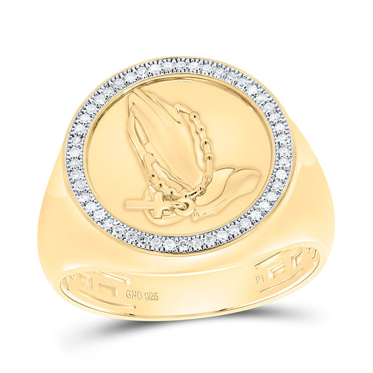 Sterling Silver Yellow-Tone or White-Tone 1/6 Ctw Natural Diamond Cross Praying Hand Mens Ring, Mens Size: 8-12