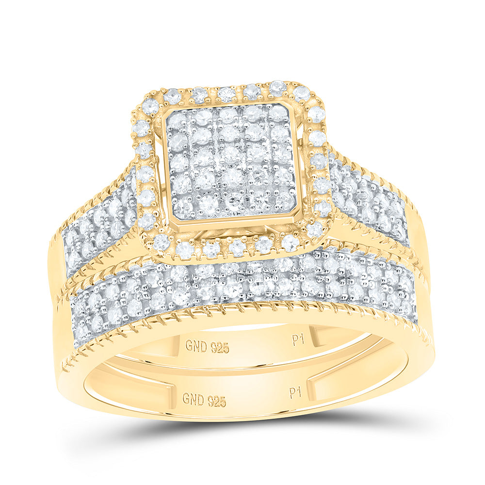 Sterling Silver Yellow-Tone or White-Tone 5/8 Ctw Natural Diamond Square Trio Set, Womens Size: 5-9, Mens Size: 8-12