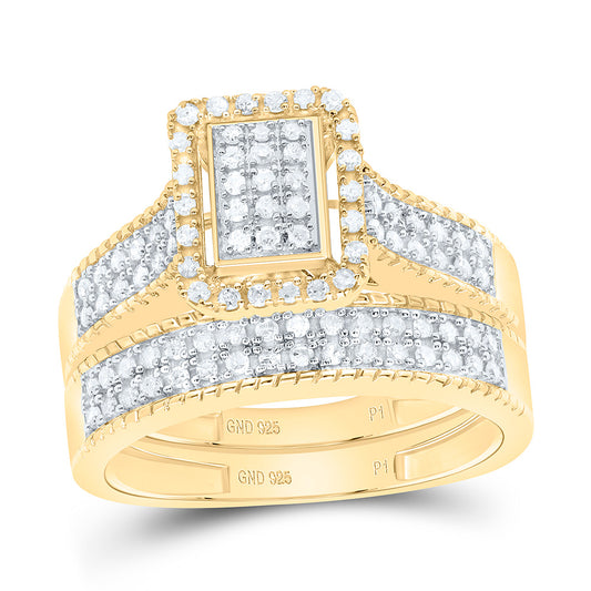 Sterling Silver Yellow-Tone or White-Tone 5/8 Ctw Natural Diamond Emerald Trio Set, Womens Size: 5-9, Mens Size: 8-12