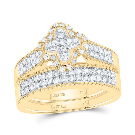 Sterling Silver Yellow-Tone or White-Tone 1/2 Ctw Natural Diamond Clover Trio Set, Womens Size: 5-9, Mens Size: 8-12
