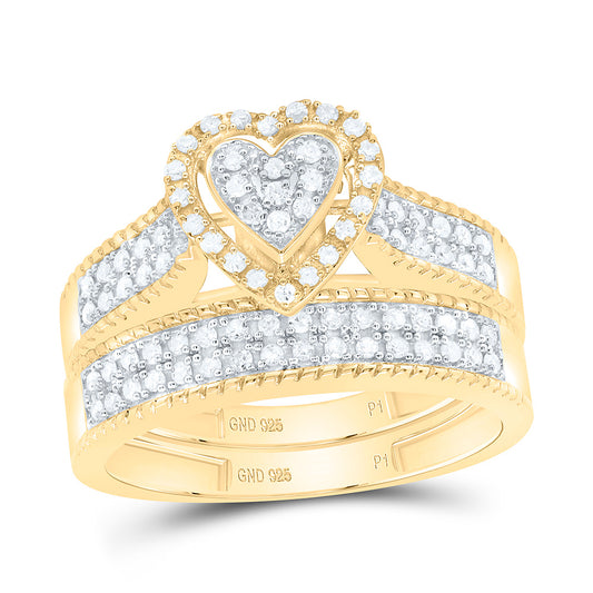 Sterling Silver Yellow-Tone or White-Tone 1/2 Ctw Natural Diamond Heart Trio Set, Womens Size: 5-9, Mens Size: 8-12