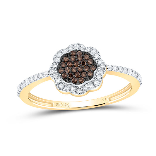 10K Yellow or Rose Gold 1/4 Ctw Natural Diamond Cognac Natural Flower Ring, Womens Size: 5-9
