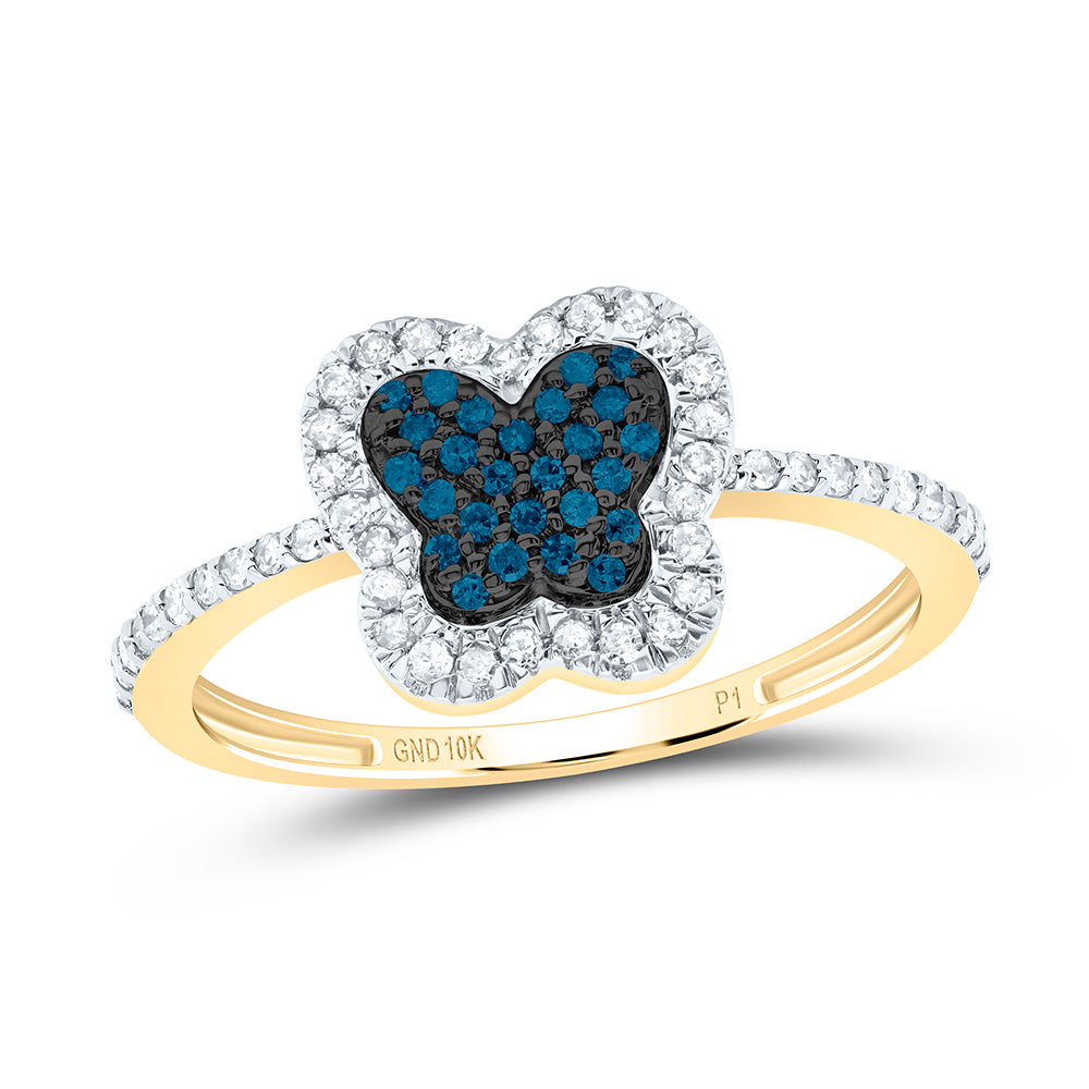10K Yellow or White Gold 1/4 Ctw Natural Diamond Blue Diamond Butterfly Ring, Womens Size: 5-9