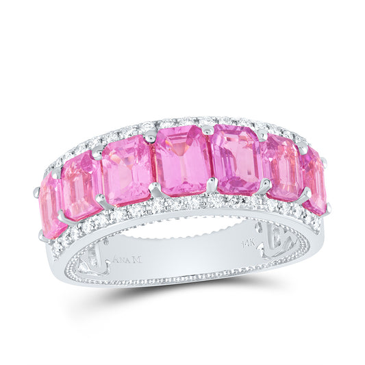 14K White or Rose Gold 1/4 Ctw Diamond 3 5/8 Ctw Octagon Pink Sapphire Natural Gem Band, Womens Size: 5-9