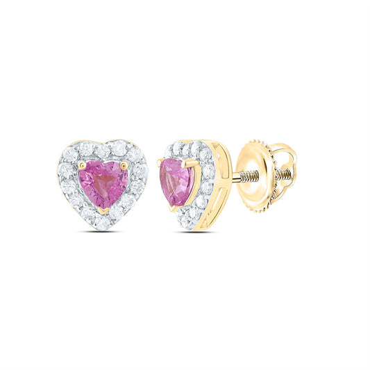 14K Yellow or White or Rose Gold 1/10 Ctw Diamond 3MM Pink Sapphire Natural Gem Heart Earring