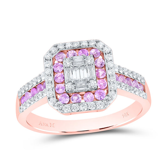 14K Rose Gold 3/8 Ctw Diamond 1/2 Ctw Round Pink Sapphire Natural Gem Octagon Ring, Womens Size: 5-9