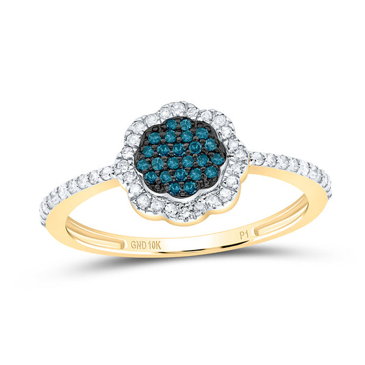 10K Yellow or White Gold 1/4 Ctw Natural Diamond Blue Diamond Flower Ring, Womens Size: 5-9