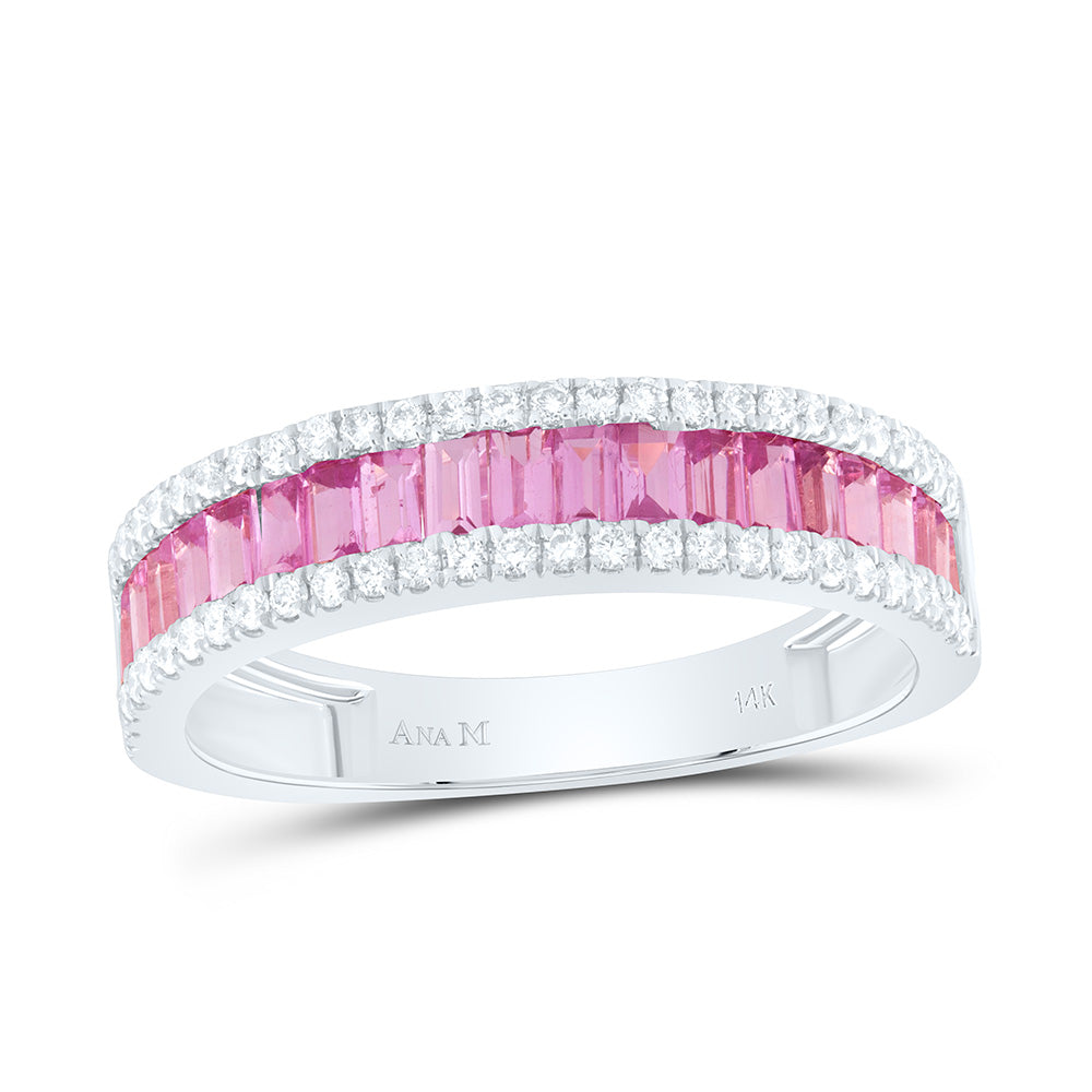 14K White Gold 1/4 Cttw Natural Diamond 1Cttw Baguette Pink Sapphire Ladies Band