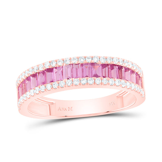 14K Rose Gold 1/4 Ctw Diamond 1 Ctw Baguette Pink Sapphire Natural Gem Ladies Band, Womens Size: 5-9