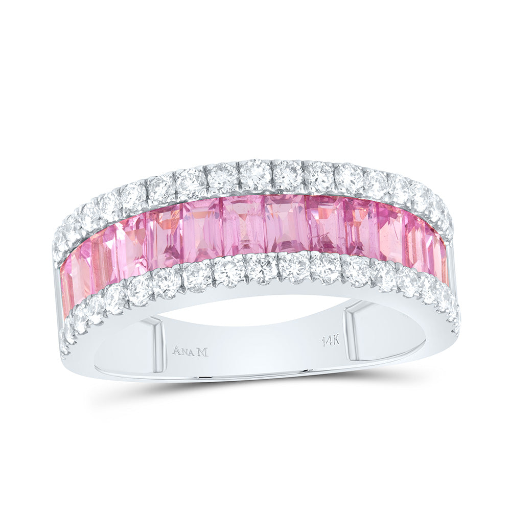 14K White Gold 1/2 Cttw Natural Diamond 15/8Cttw Baguette Pink Sapphire Ladies Band