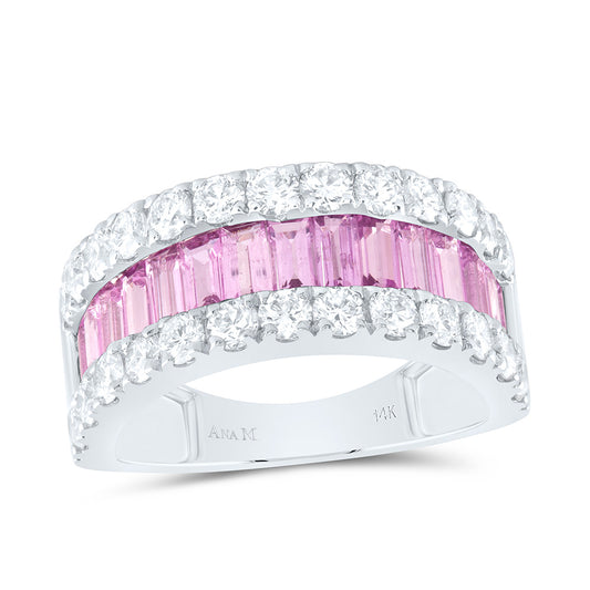 14K White Gold 1 3/4 Cttw Natural Diamond 1 7/8Cttw Baguette Pink Sapphire Ladies Band