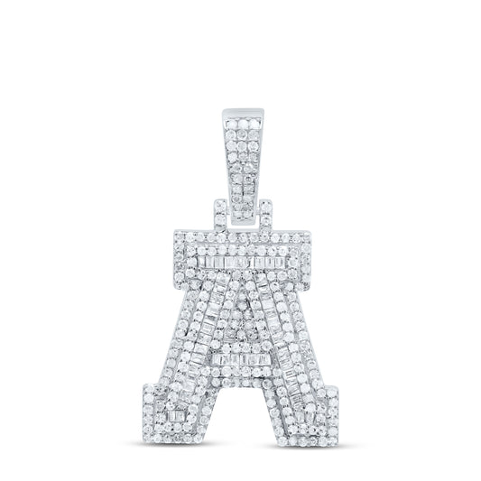 Sterling Silver White-Tone Natural Diamond Mens Initial Pendant