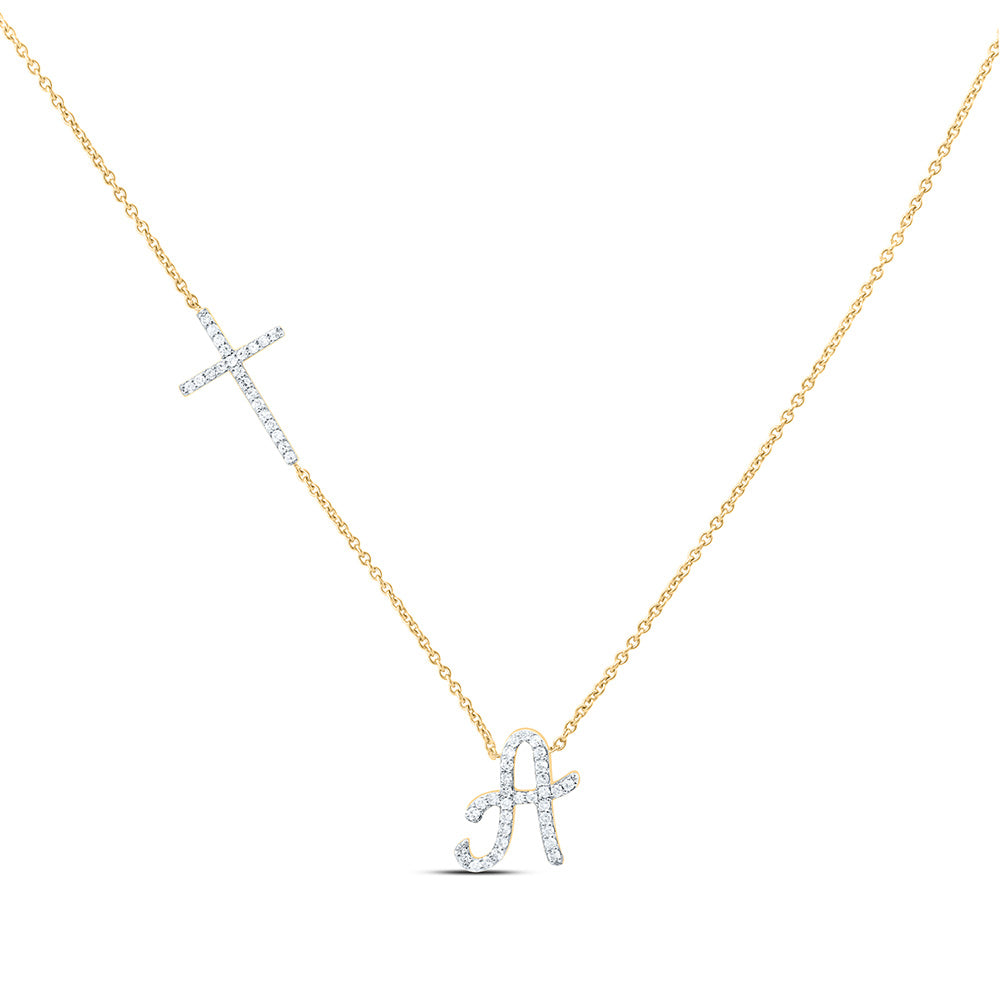 10K Yellow Gold 1/4 Ctw Natural Diamond Gift Initial "A" Cross Necklace (18 Inch)
