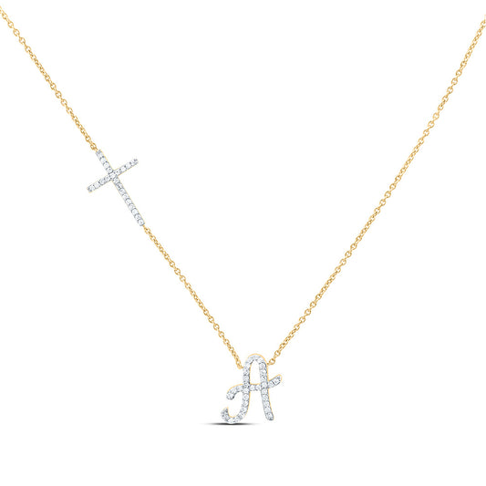 10K Yellow Gold 1/4 Ctw Natural Diamond Gift Initial "A" Cross Necklace (18 Inch)