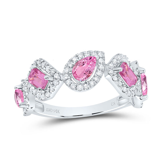 14K White Gold 1/3 Ctw Diamond 3/4 Ctw Pear Pink Sapphire 3/8 Ctw Emerald Pink Sapphire Natural Gem Fashion Ring, Womens Size: 5-9