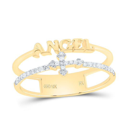 10K Yellow Or White Gold 1/10Cttw Natural Diamond Nk Gift "Angel" Cross Ring
