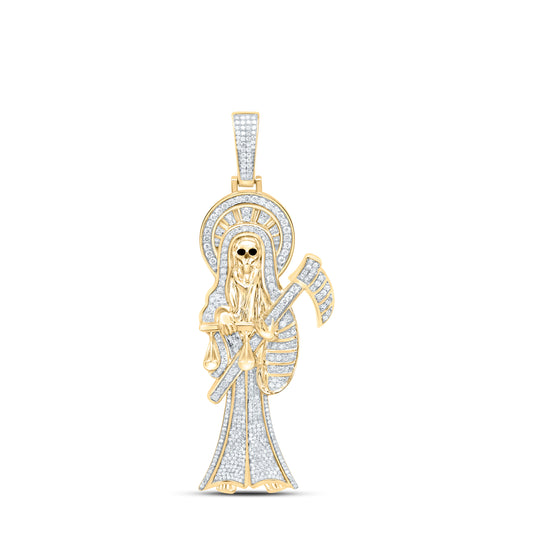 10K Yellow Gold 1 3/4- Ctw Natural Diamond Santa Muerte Mens Charm