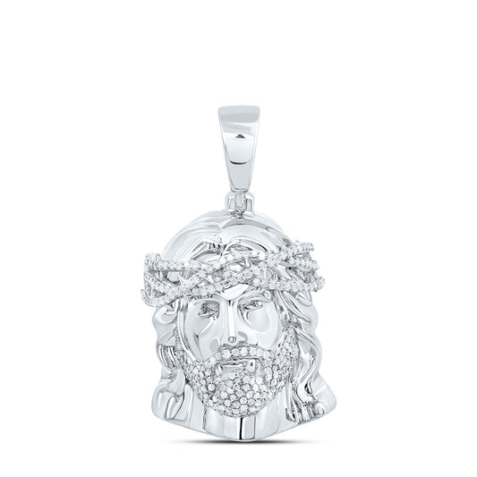 Sterling Silver White-Tone 3/4 Ctw Natural Diamond Jesus Face Mens Charm