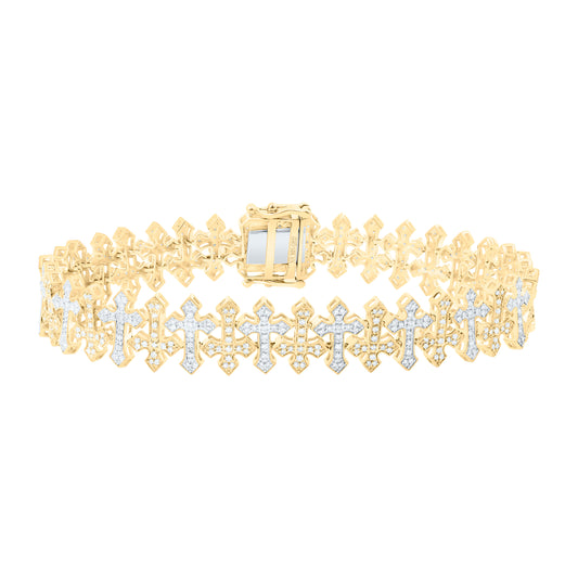 10K Two-Tone Gold or Yellow Gold 1 3/4 Ctw Natural Diamond Fashion Cross Mens Bracelet (8 Inch)