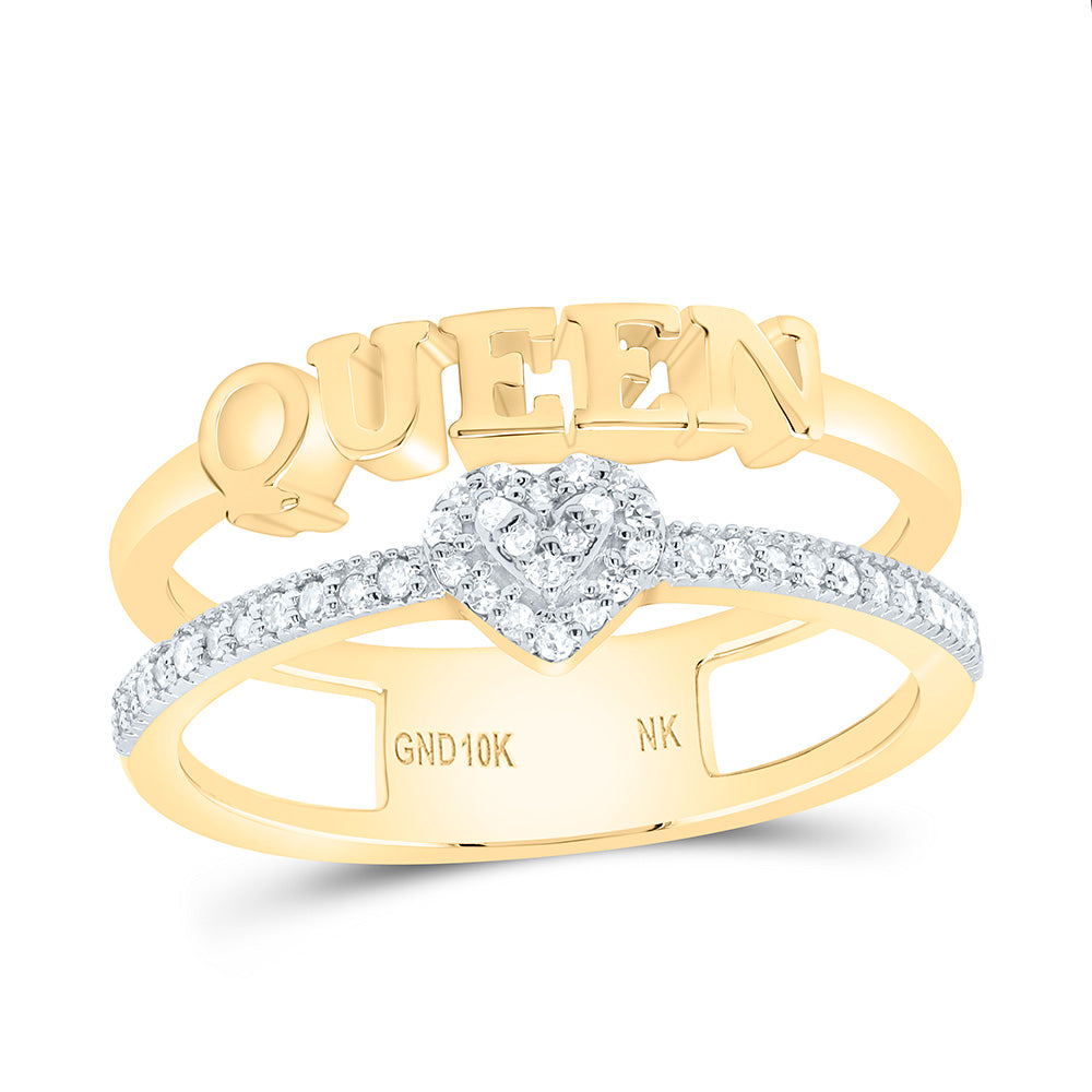 10K Yellow or White Gold 1/6 Ctw Natural Diamond Gift "Queen" Heart Ring, Womens Size: 5-9