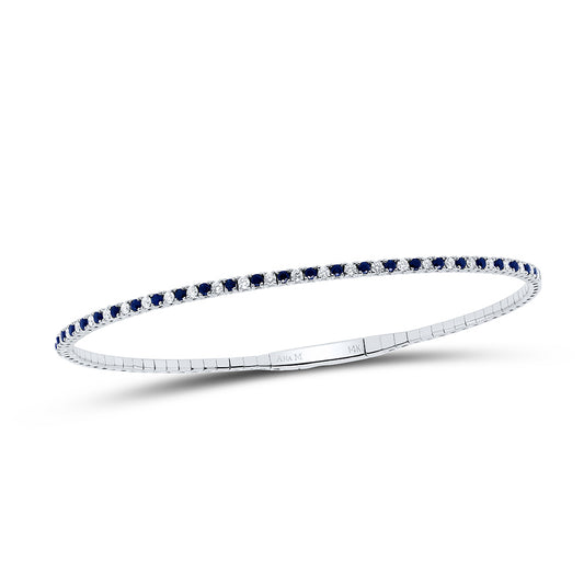 14K White Gold 3/8 Ctw Diamond 1/2 Ctw Round Blue Sapphire Natural Gem Tennis Bangle (60X50MM)