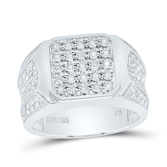 Sterling Silver White-Tone 3/8 Ctw Natural Diamond Octagon Mens Ring, Mens Size: 8-12