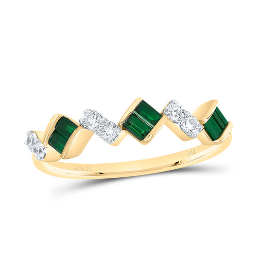 14K Yellow Gold 1/5Cttw Natural Diamond Ana M 1/4Ctw Baguette Emerald Natural Gem Ring